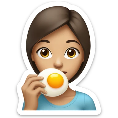 a brunnete girl with blue eyes and tan skin eating a raw egg sticker