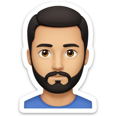 A man with black eyes. With a black beard and medium smooth hair. with the neck sticker