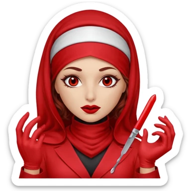 Lilith scalpel in hand, evil surgeon sexy surgeon clothes.  She has red eyes. She has dark brown long curly hair. Wears sexy doctor outfit with red gloves. Covers mouth neck and nose with red burka to hide her identity sticker