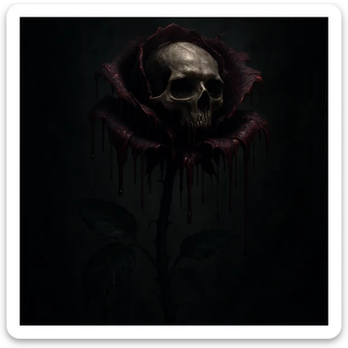 A visually striking gothic rose with a skull as its head, petals weeping or dripping with tears or melting effect, dark and dramatic atmosphere sticker