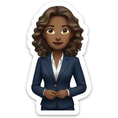 beautiful business woman with brown, long, wavy hair wearing a navy blue suit sticker