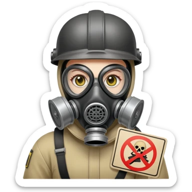 Person with gas mask and a sign protesting sticker