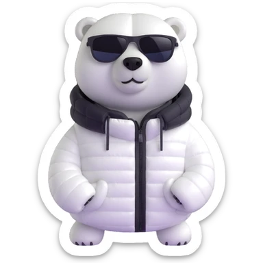 polar bear wearing a white puffer jacket and sunglasses  sticker