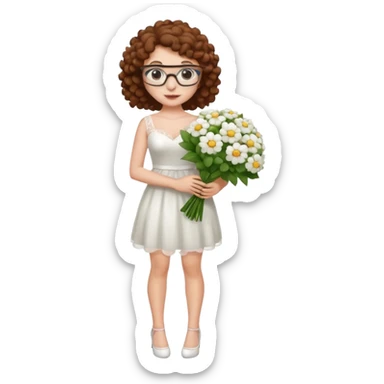 Chica blanca, pelo rizado y castaño,gafas, vestido novia corto, cuerpo entero sticker