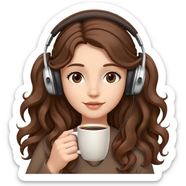 A girl with brown wavy long hair, wearing headphones on her head and holding coffee in her hand SHe has delicate facial features sticker