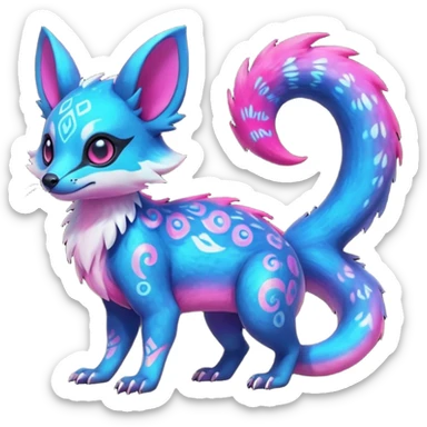 Rare neon iridescent white exotic cute epic aesthetic gothic colorful Salandit-Eevee-Civet-species-Fakemon-hybrid-creature, with intricate tattoo markings, full body sticker