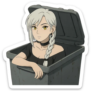 she is poking out from a garbage dumpster, a closeup portrait of young woman with gold yellow eyes, white hair, long braid, black off-shoulder top d-cup, punk gothic style, futuristic cyberwave cyberpunk, sticker