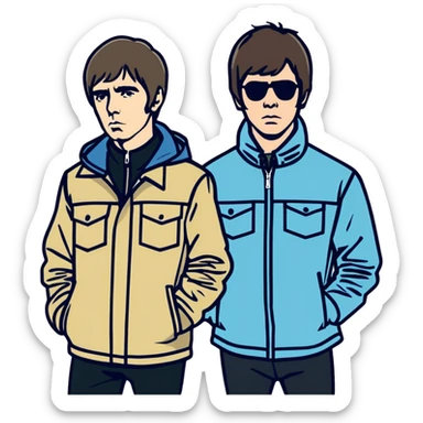 Create me a sticker of oasis band liam gallagher and noel gallagher at her peak (90s)  sticker