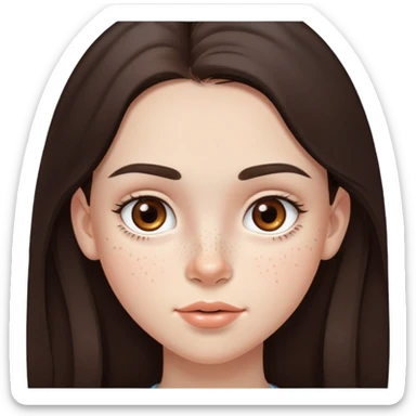 A 12-year-old girl with very long dark brown hair, light brown eyes, thick eyebrows, slightly big lips, with only two freckles - just one small freckle on her cheek and one small freckle under her eye sticker