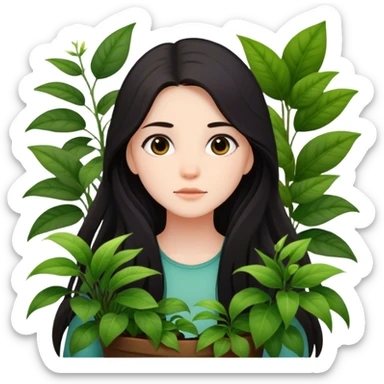 girl dark long hair with plants sticker