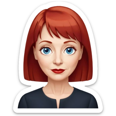 Older woman in her early 60s with fair skin, wider oval face, noticeable age lines, blue eyes, thin eyebrows, small nose, red lips, dark red hair with straight bangs, wearing a black blouse sticker