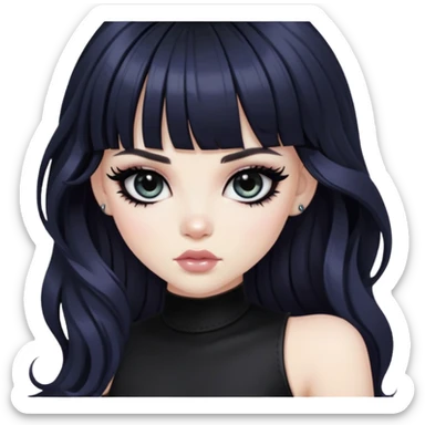 wavy black long bangs hair, pale skin, dark black iris, pretty bratz baddie, strong black eyeliner sticker