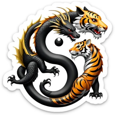 An icon symbolizing Eastern martial arts in the style of an emblem, featuring a black-and-white Yin-Yang symbol, a dragon, and a tiger. The dragon and tiger represent strength and agility, surrounding the symbol. Traditional elements like bamboo add to the design. Transparent background. sticker