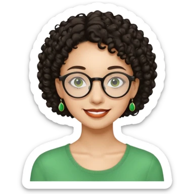 Very slim woman, light skin, short dark curly hair, black round glasses, green earrings, thin build, warm smiling face. Cartoon style. sticker