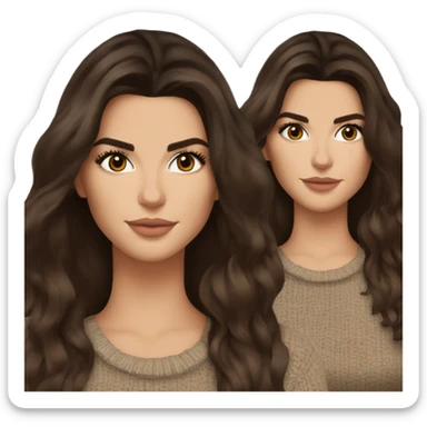 brunette Kendall Jenner with long and brown hair her eyes brown and sipping coffee Her hair is wavy and shiny With brown sweater sticker