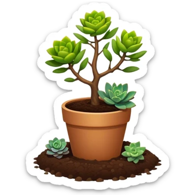 Close-up of a potted sapling in rich soil surrounded by vibrant plants and succulents. Bright sunlight filters through the window, casting soft shadows. Nearby gardening tools rest on a wooden table. Cozy indoor atmosphere with greenery and flowers. sticker