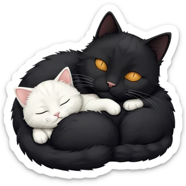 Big black cat is sleeping with a small white cat sticker