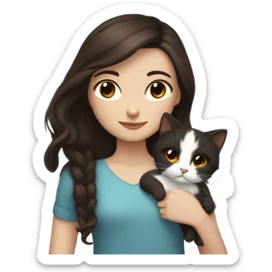 girl with dark brown hair and brown eyes. she has white skin. she is holding her brown and black cat. the cat has very scruffy fur sticker