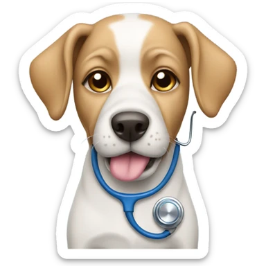 Dog wearing a broken blue stethoscope sticker