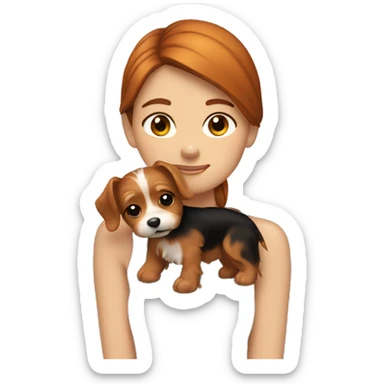 Brunette girl hugs ginger yorkie dog sticker