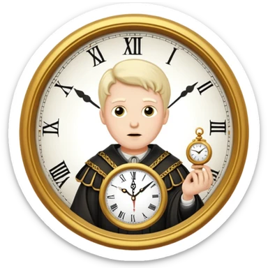 a 1600s judge with a hurried expression holding a clock that ticks VERY FAST  sticker