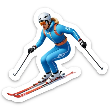 An icon featuring snowy peaks, pine trees, and a picturesque mountain landscape with a skier racing down a snow-covered slope. The sky is blue with soft clouds, capturing the thrill and beauty of alpine skiing. Transparent background highlights the excitement and serenity of winter sports. sticker