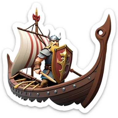 clash-of-clans-aesthetic_-cinematic-viking-longboat, rendered in a flat, bold vector style with minimal shading, featuring a striking dragon-headed prow slicing through icy, churning waters. shields on the side and vikings rowing The longboat’s intricately detailed shields and carved motifs evoke a sense of epic adventure and Nordic might, with billowing sails catching a dramatic, stormy sky backdrop. sticker