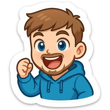 cartoon emoji of MrBeast with energetic expression, short brown hair, trimmed beard, blue eyes, wearing a blue hoodie, YouTube personality vibe sticker