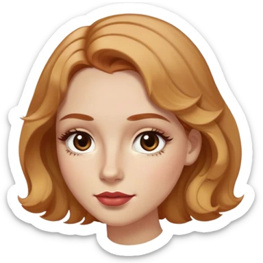 Pele parda bem clara, olhos castanhos escuros, cabelo louro e meio ruivo, rosto levemente redondo, maxilar levemente marcado, boca média e rosada, cabelos cacheados, olhos amendoados, sobrancelhas finas e arqueadas, cílios grandes  sticker
