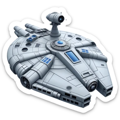 Millennium Falcon from Star Wars, emoji style, spaceship with precise details: circular cockpit, parabolic antenna, panels, blue engines, gray and metallic colors, realistic look within emoji style sticker