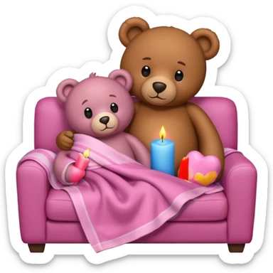 Brown teddy bear cuddling with a pink teddy bear wrapped in a blanket watching tv on couch with candles next to them sticker
