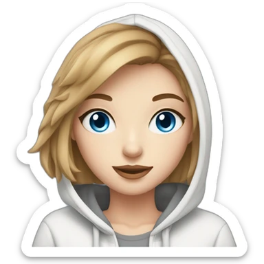 beautiful girl with computer,blue eyes,beautiful girl with short hair with computer,blue eyes,white skin, makeup, hoodie,short light-brown hair,code in background sticker