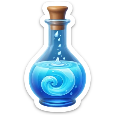 a neon blue potion tiled to the left with a round glass bottle no handle sticker