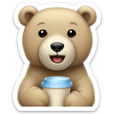 Un Oso de peluche beige, con nariz café, cuerpo flacucho y pañal azul claro, con un volado azul claro y amarillo claro  sticker