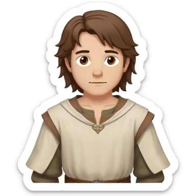 medieval outfit worn by a DnD themed fantasy character. basic wool tunic with a linen undershirt. clothes only above the waist. The clothes full waist. The character's haven't arms. character is brown hair brown eyes shoulder-length messy hair white man. sticker