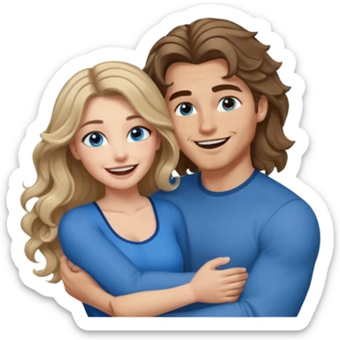 Women with blue eyes and very long, brown blond balayage curled hair in the arms of a man with strong arms a straight face, a very sexy man blue eyes. They are laughing at each other. He has dark brown hair: A fade haircut down to skin and is light skinned  sticker