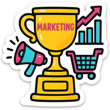 winner's cup trophy symbolizing marketing success with marketing icons, modern vibrant style, suitable for business branding sticker