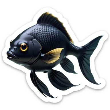 Cinematic Noble Black Goldfish Portrait Emoji, Poised and regal, with a sleek, streamlined build and a lustrous, deep black body, deep-set soulful golden eyes, Simplified yet sharp and sophisticated features, highly detailed, glowing with a soft, dignified glow, high shine, intelligent and graceful, stylized with an air of aquatic elegance, focused and attentive, soft glowing outline, capturing the essence of a watchful and confident aquatic companion, so majestic it feels as though it could glide out of the screen with effortless authority! sticker