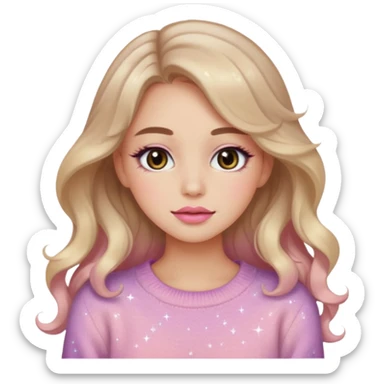“Emoji girl, soft eyeliner, gradient rose lips, light brown shimmer eyeshadow, sparkly aegyo-sal, long wavy hair, cozy pastel sweater.” sticker