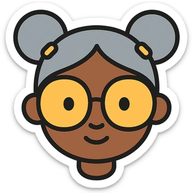 african american girl head with oversize glasses and gray hair in bunches, color outline icon sticker