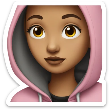 girl wearing a grey and black hoodie, pretty, black eyes, pink lips, facing the side a little bit sticker
