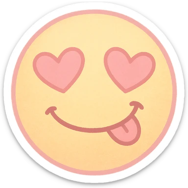 cute emoji, heart eyes, playful grin, pastel pink and yellow, no background sticker