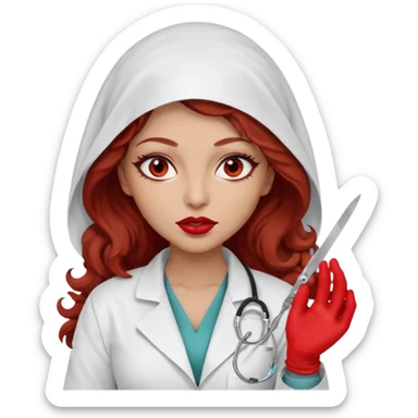 Scary woman scalpel in hand, evil surgeon sexy surgeon clothes.  She has red eyes. Her  brown long curly hair. Wears sexy doctor outfit with red gloves. make her hair free and brown but she  wear mouth cover   to hide. Wears white surgeon jacket and hijab cover lips  sticker