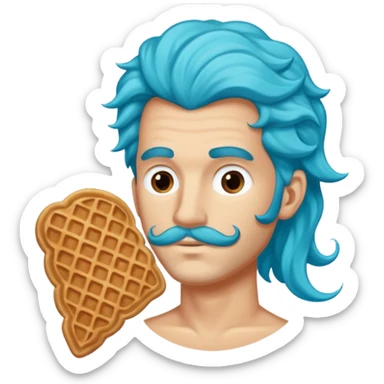 Crée un homme sirène avec une queue bleu turquoise et des long cheveux bouclé chatin en train de manger une gaufre  sticker