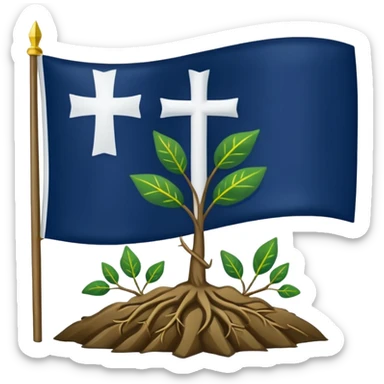 a flag with a Navy blue background with a white cross in the center, roots coming down from the bottom of the cross, a green leaf in the top right corner of the flag, and a slightly dark yellow star rising from behind the cross. sticker