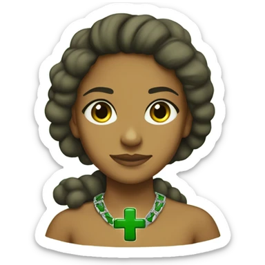 brown girl with green cross necklace on her forehead and besides it, the word Jasper written on the right side, in green letters sticker