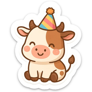 a cartoon cow with a colorful birthday hat sticker