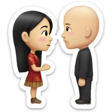 Chinese girl with dark hair kissing bald white man sticker