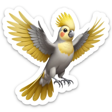 cinematic-[cockatiel]-realistic-full-body-perched-emoji,-wings-out-flying,-head-tilted-dramatically,-sleek-[yellow and grey]-feathers,-simplified-yet-realistic-focused-features,-highly-detailed,-glowing-with-an-almost-sarcastic-glow sticker