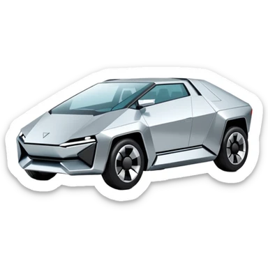 A futuristic chrome car emoji, sharp geometric body design inspired by cybertruck aesthetics, smooth silver metallic surface, matte and glossy chrome mix, minimal details, soft reflections, clean edges, iOS emoji style, centered, clean white background, soft studio lighting, no text sticker